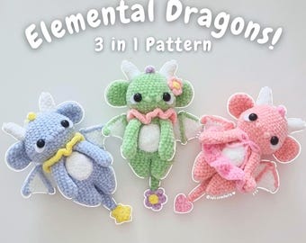 3 in 1 Elemental Dragons - Magical Amigurumi Crochet Pattern ENGLISH