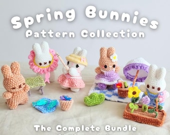 May include: A collection of crocheted bunny figurines in various poses, including fishing and gardening. The bunnies are in pastel colors, with accessories like hats, dresses, and a picnic basket. The text "Spring Bunnies Pattern Collection" is at the top.