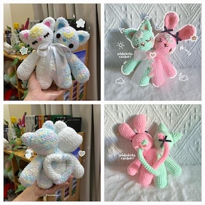 Puede incluir: Cuatro animales de peluche tejidos a crochet en varios colores y dise&ntilde;os. La primera pareja es un oso blanco y azul con un patr&oacute;n de arco&iacute;ris. La segunda pareja es un conejito rosa y verde con un lazo. La tercera pareja es un oso blanco y azul con un patr&oacute;n de arco&iacute;ris. La cuarta pareja es un conejito rosa y verde con un lazo.