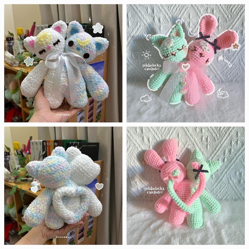 Puede incluir: Cuatro animales de peluche tejidos a crochet en varios colores y dise&ntilde;os. La primera pareja es un oso blanco y azul con un patr&oacute;n de arco&iacute;ris. La segunda pareja es un conejito rosa y verde con un lazo. La tercera pareja es un oso blanco y azul con un patr&oacute;n de arco&iacute;ris. La cuarta pareja es un conejito rosa y verde con un lazo.