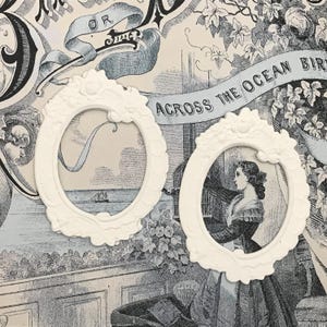 May include: Two white oval frames with ornate detailing, each containing a vintage illustration. One shows a ship at sea, the other a woman in a period dress. The background features a vintage print with text.