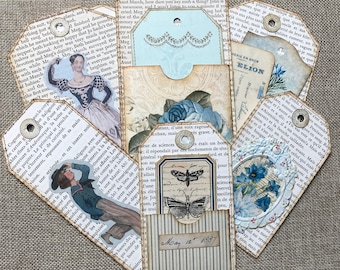 Handmade Stitched Book Page Tags - set of 8