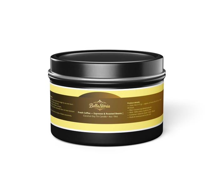 BellaStoria | Coffee Lover Tin Candles - Espresso & Roasted Beans Scented Coconut-Soy Candle, 4oz / 8oz, Home, Aroma Therapy, Relaxation
