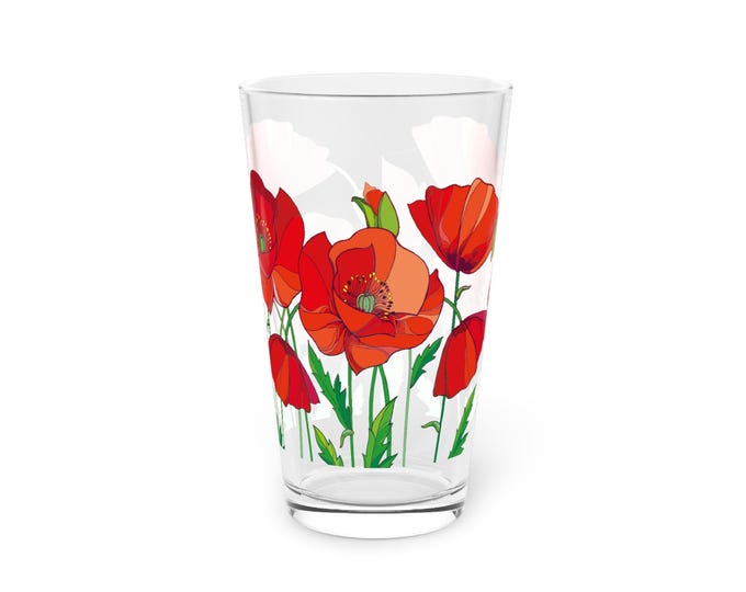 BellaStoria | Vibrant Floral Pint Glass, 16oz Drinkware, Great for Summer BBQs, Garden Parties, Unique Gift, Home Bar Decor, Poppy Design