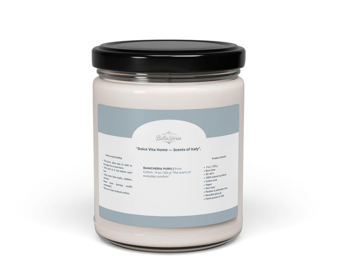 BellaStoria | Soy Candle, Fresh Linen & Cotton Flower, Clean Cotton Aromatherapy, Home Fragrance, Dolce Vita Candle, Puro Cotone, 9oz Candle