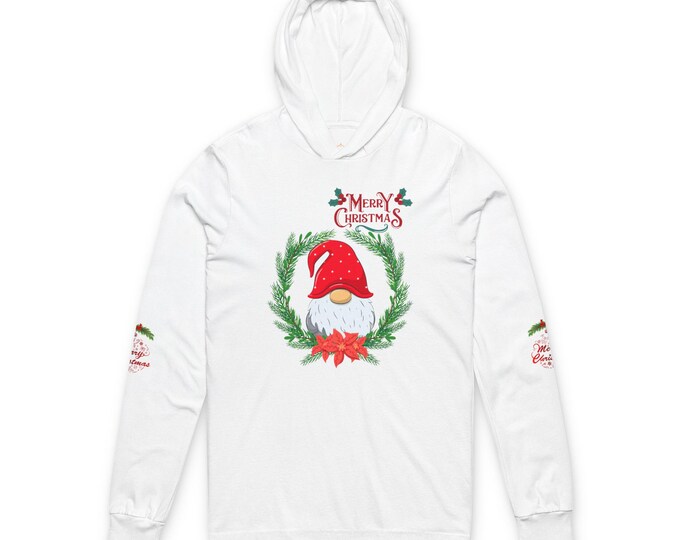 BellaStoria | Gnome Wreath Merry Christmas Hoodie Tee | Long Sleeve Hooded Shirt