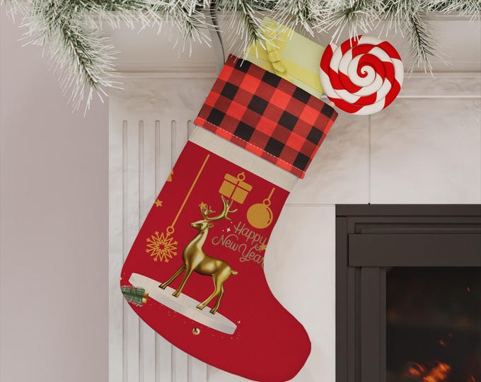 BellaStoria | Gold Reindeer Happy New Year Christmas Stocking | Red Plaid Cuff