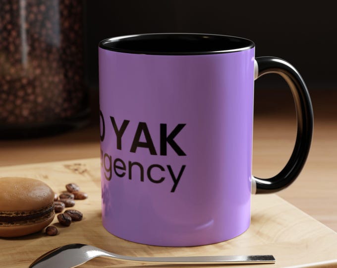 BellaStoria | Logo Yak Agency Mug | Accent Coffee Mug, Purple Background, Black Handle