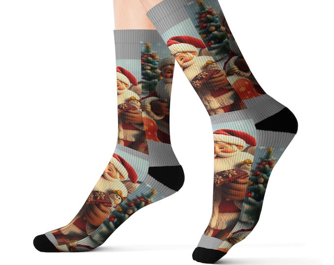 BellaStoria | Christmas Santa Socks, Festive Holiday Gift, Cozy Stocking Stuffers, Sublimation Crew Socks, Fun Winter Accessories