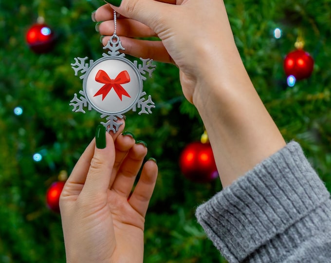 BellaStoria | Red Bow Snowflake Ornament | Pewter Holiday Ornament