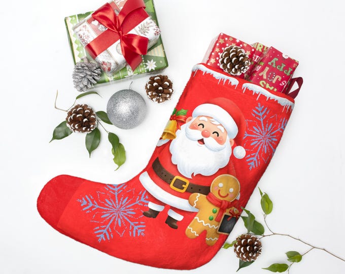 BellaStoria | Santa Claus with Gingerbread Christmas Stocking | Red Holiday Stocking