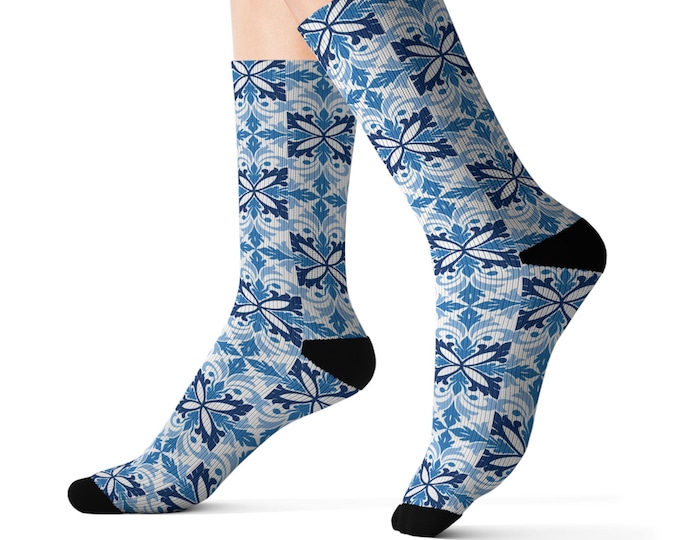 BellaStoria | Blue Mosaic Pattern Socks | Sublimation Crew Socks