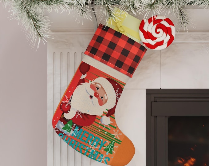 BellaStoria | Vintage Santa Illustration Christmas Stocking | Buffalo Check Cuff