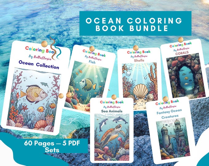 Ocean Coloring Book | 60 Detailed Ocean Scenes | Fish, Shells, Corals, Sea Animals, Fantasy Mermaids | For Kids And Adults | BellaStoria