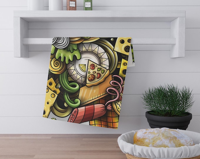 BellaStoria | Pizza Ingredients Pattern Tea Towel | Pepperoni Cheese Olives Slice Design