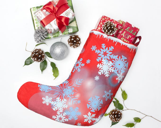 BellaStoria | Blue Snowflakes Christmas Stocking | Red Holiday Stocking with Snowflake Design