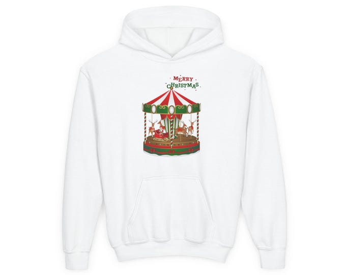 BellaStoria | Merry Christmas Carousel Youth Hoodie | Festive Kids Sweatshirt, Holiday Hooded Jumper, Children's Xmas Outerwear, Seasonal
