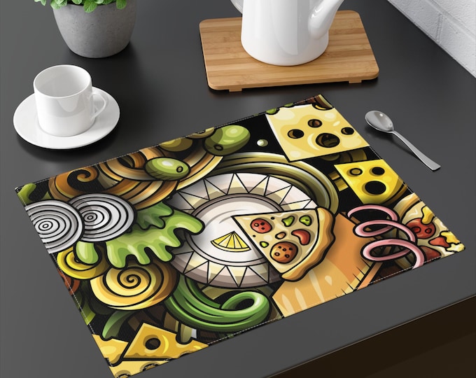 BellaStoria | Pizza and Cheese Pattern Placemat | Doodle Food Illustration