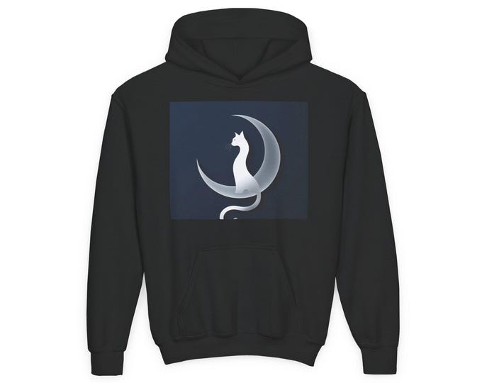 BellaStoria | Cat Moon Silhouette Youth Hooded Sweatshirt, Cute Cat Apparel, Gift Cat Lovers, Cozy Sweatshirt for Kids, Ideal for Birthdays