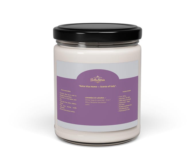 BellaStoria | Soy Candle, Lavender Scented Candle, Dolce Vita Home LAVANDA DI LIGURIA, White Sage, Italian Calm, 9oz Candle, Aromatherapy