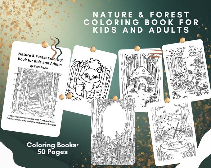 Nature And Forest Coloring Book for Kids and Adults | 50 Illustrations | For Adults, Teens, Children | PDF Instant Download | By BellaStoria