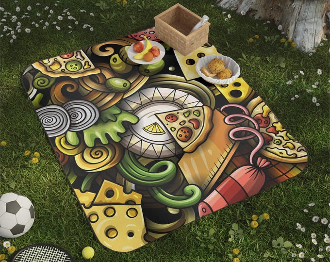 BellaStoria | Pizza Doodle Picnic Blanket | Food Pattern Outdoor Blanket, Cheese & Slice Design
