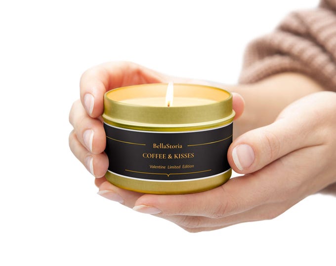 Coffee & Kisses Candle | Valentine Limited Edition | Black Tin Candle | Coffee Scent | Romantic Gift | BellaStoria