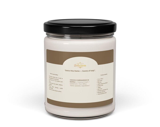 BellaStoria | Scented Soy Candle, 9oz, Coconut Cream + Cardamom - Dolce Vita Home, Spicy, Naples, Gift for Her, Relaxing Candle, Home Decor