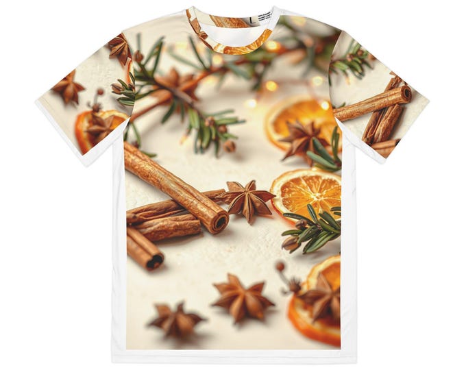 BellaStoria | Festive Cinnamon Spice Tee | Men's AOP Polyester Shirt, Holiday Gift, Cozy Vibes, Fall Fashion, Christmas Apparel