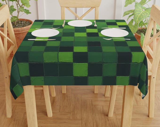 BellaStoria | Green Pixel Checkered Tablecloth | Mosaic Square Pattern