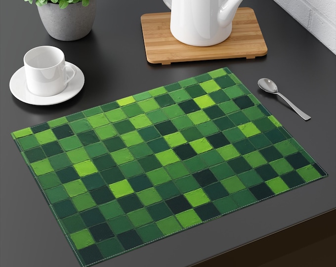 BellaStoria | Green Pixel Checkerboard Placemat | Retro Game Grid Table Mat