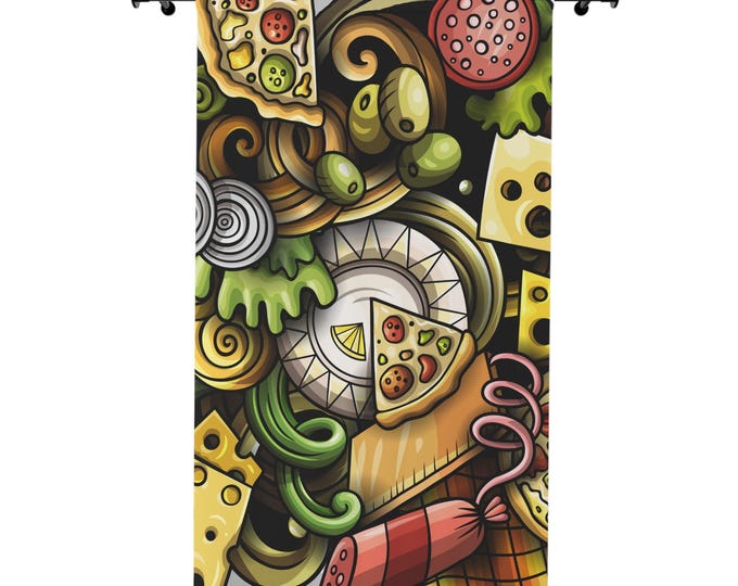 BellaStoria | Pizza Doodle Curtain | Kitchen Window Curtain, Pepperoni Cheese Design