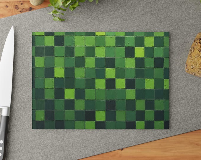 BellaStoria | Green Pixel Checkerboard Glass Cutting Board | Geometric Kitchen Decor