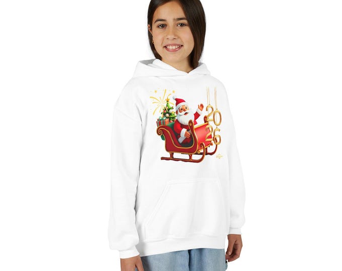 BtllaStoria | Santa Riding Sleigh Youth Hoodie | Christmas Holiday Kids Sweatshirt