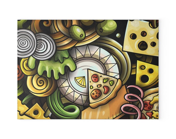 BellaStoria | Pizza Doodle Glass Cutting Board | Colorful Food Art