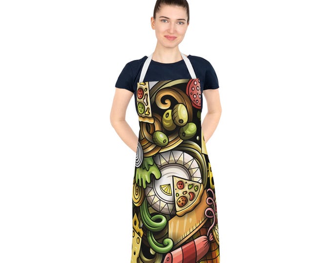BellaStoria| Pizza Pattern Apron | Colorful Food Illustration, Cheese & Toppings AOP