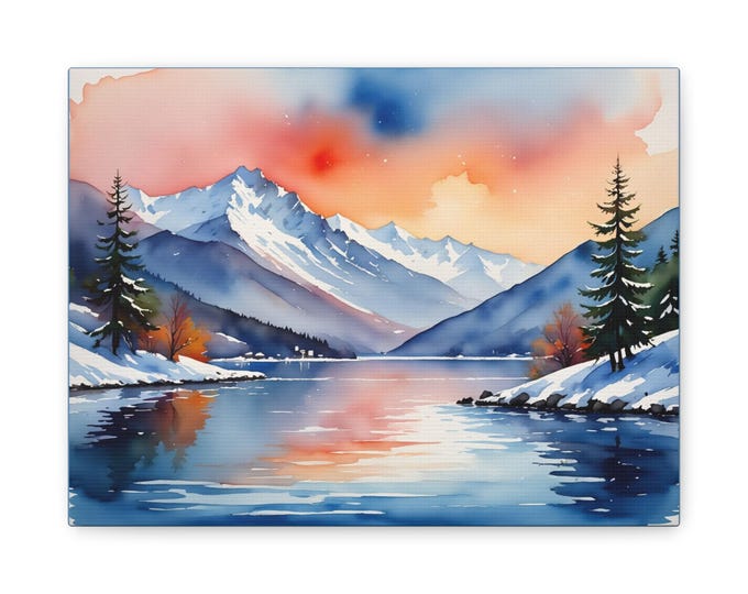 BellaStoria | Serene Mountain Landscape Canvas, Watercolor Art for Home Decor, Wall Art, Gift for Nature Lovers, Landscape Painting