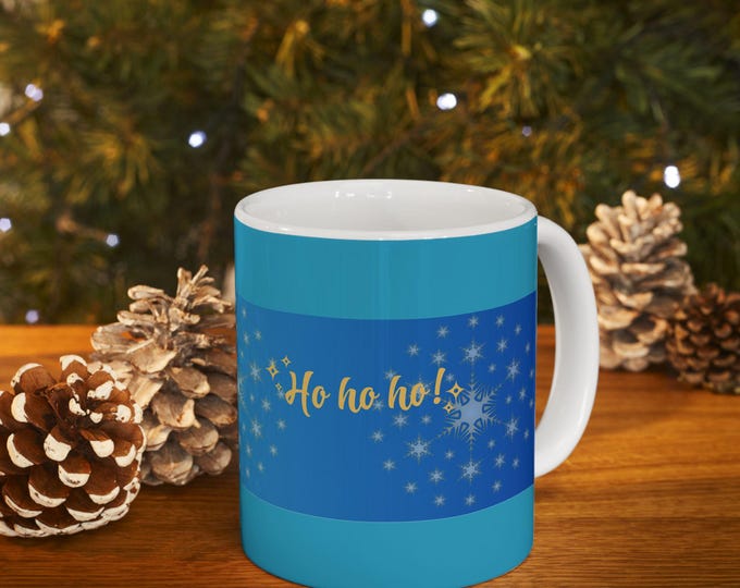 BellaStoria | Golden Reindeer Snowflake Holiday Mug | Blue Ceramic Christmas Coffee Cup