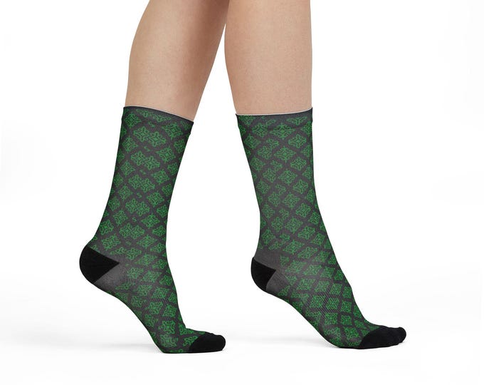 BellaStoria | Green Celtic Knot Pattern Socks | Irish Plaid Geometric Crew Socks