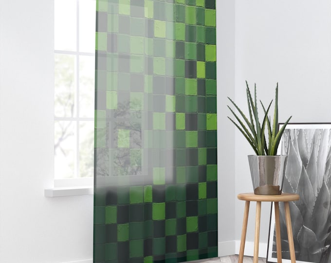 BellaStoria|  Green Pixel Pattern Window Curtain | Geometric Checkerboard Panel