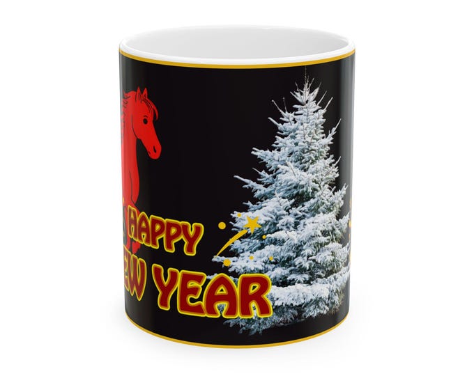 BellaStoria | Red Horse New Year design Mug | Ceramic Coffee Cup, Snowy Pine Tree