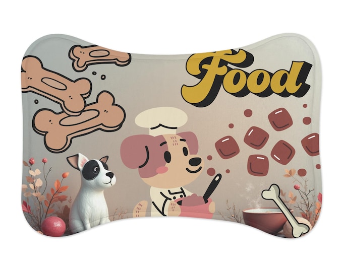 BellaStoria | Cute Chef Dog Food Pet Feeding Mat | Bone Pattern, Retro Script