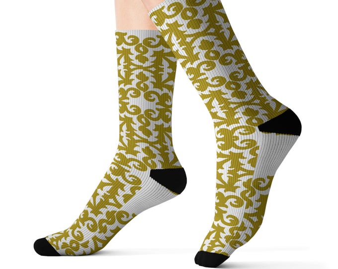 BellaStoria | Gold Damask Pattern Sublimation Socks | Decorative Scrollwork Crew Socks