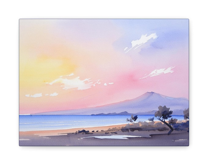 BellaStoria | Serene Beach Landscape Canvas Print, Watercolor Wall Art, Coastal Home Decor, Nature Artwork, Gift for Beach Lovers
