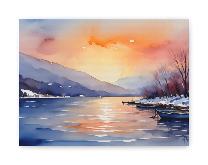 BellaStoria | Watercolor Landscape Canvas Print, Wall Art, Home Decor, Gift for Nature Lovers, Sunset Painting, Coastal Artwork