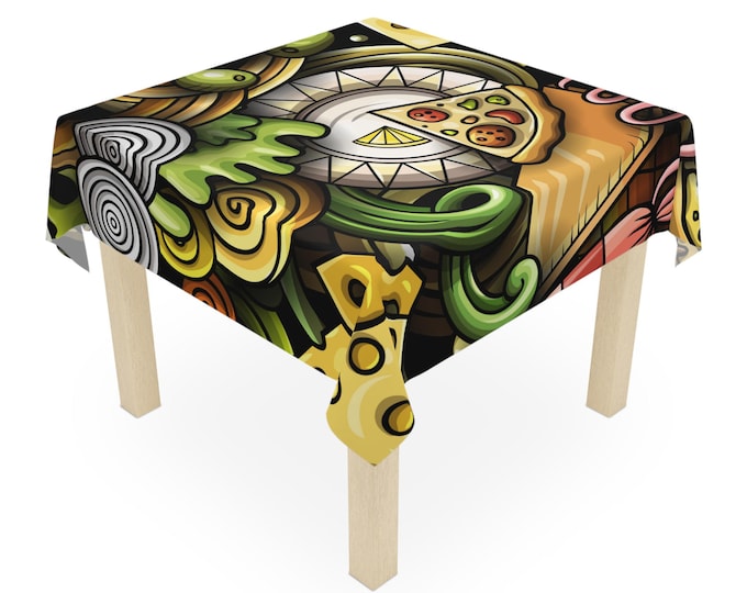 BellaStoria | Pizza Pattern Tablecloth | Cheese, Olives, Pasta Doodle Print