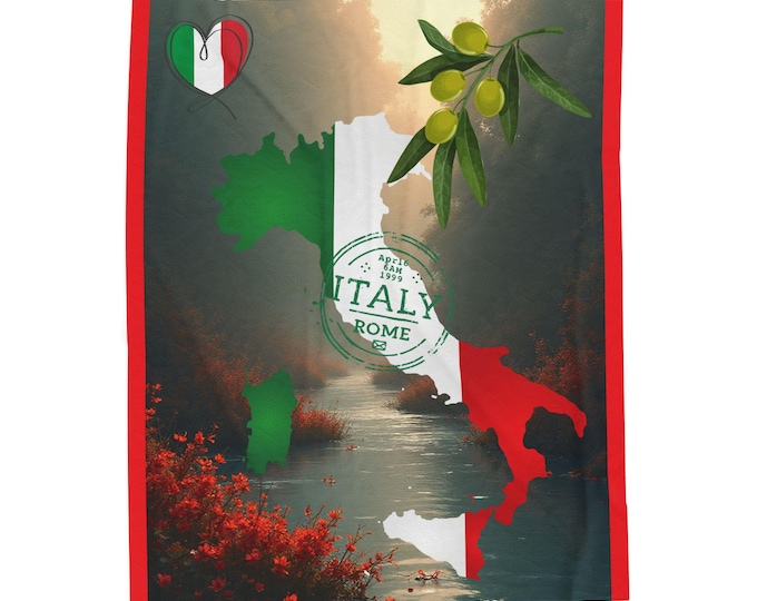BellaStoria | Italy map with olives and flag Velveteen Plush Blanket | Rome stamp travel decor