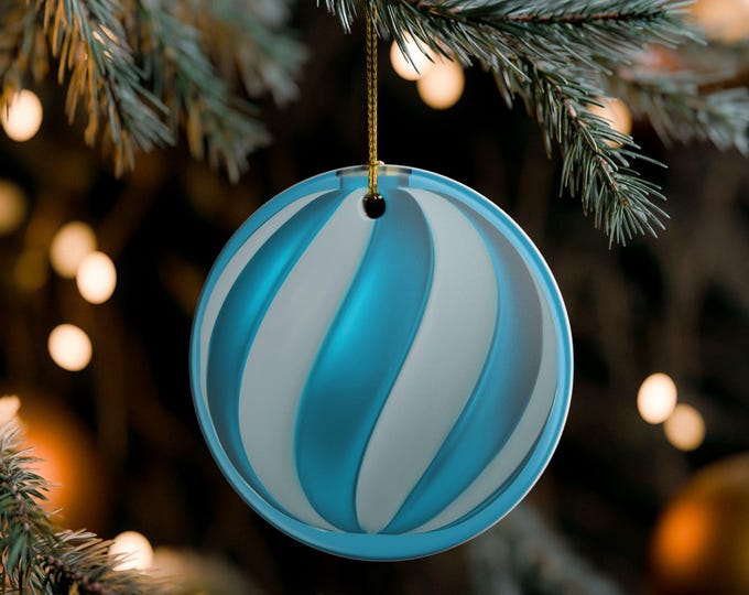 BellaStoria | Blue Spiral Stripe Ceramic Ornament | Round Holiday Decoration