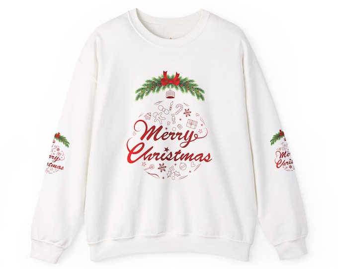BellaStoria | Christmas Holiday Script Crewneck Sweatshirt, Cozy Winter Jumper with Nostalgic Icons & Stars, Festive Xmas Apparel, Seasonal