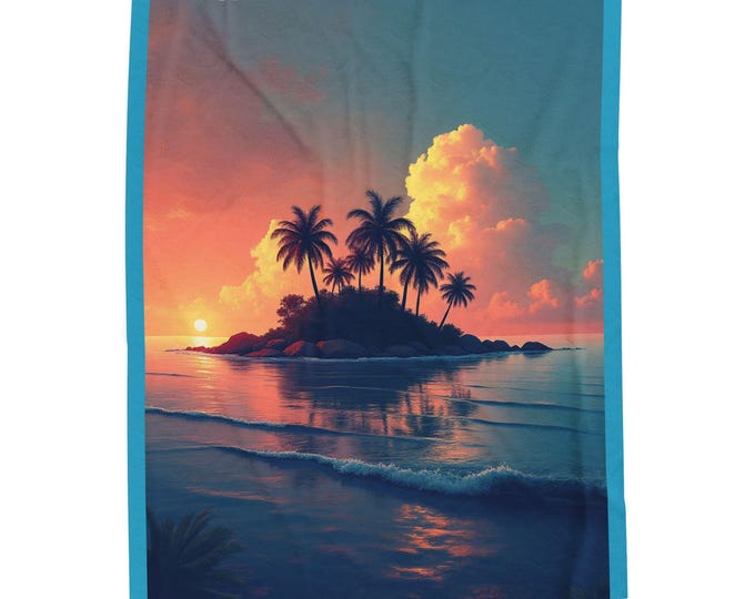 BellaStoria | Tropical Sunset Velveteen Blanket | Palm Tree Beach Scene, Island Throw, Soft Bedding, Cozy Couch Cover, Warm Fleece Bedspread